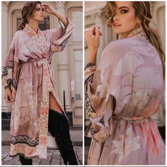 Gypsy Bohemian Kimono Duster In Mauve Pelican, Pink Kimono Robe Beach Duster - Picture 6 of 7